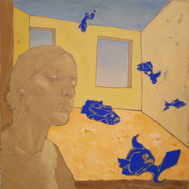 Poissons bleus - 40x40 - tempera